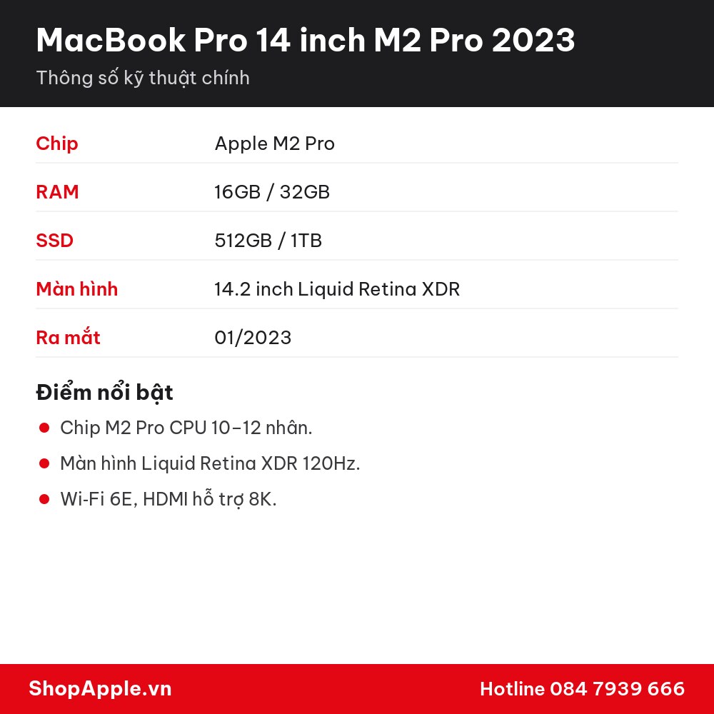 Thông số kỹ thuật MacBook Pro 14 inch M2 Pro 2023