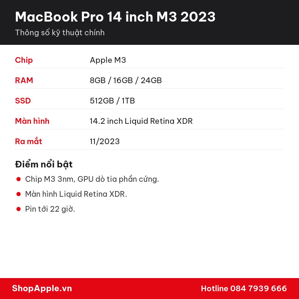 Thông số kỹ thuật MacBook Pro 14 inch M3 2023