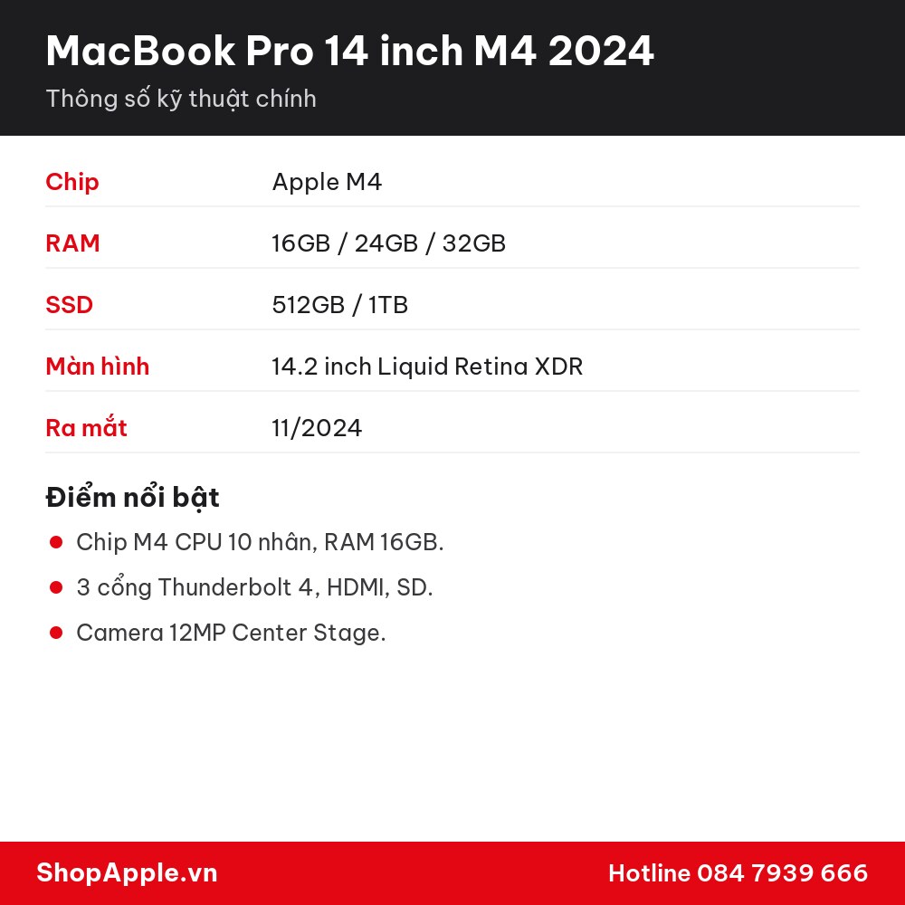 Thông số kỹ thuật MacBook Pro 14 inch M4 2024