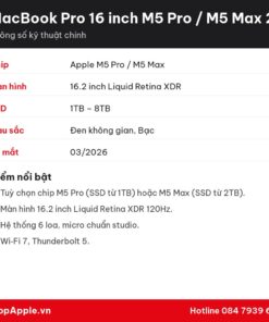 Thông số kỹ thuật MacBook Pro 16 inch M5 Pro / M5 Max 2026