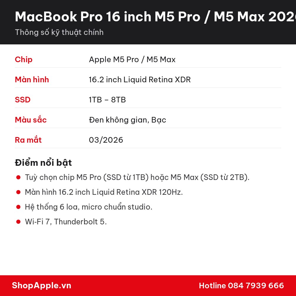Thông số kỹ thuật MacBook Pro 16 inch M5 Pro / M5 Max 2026