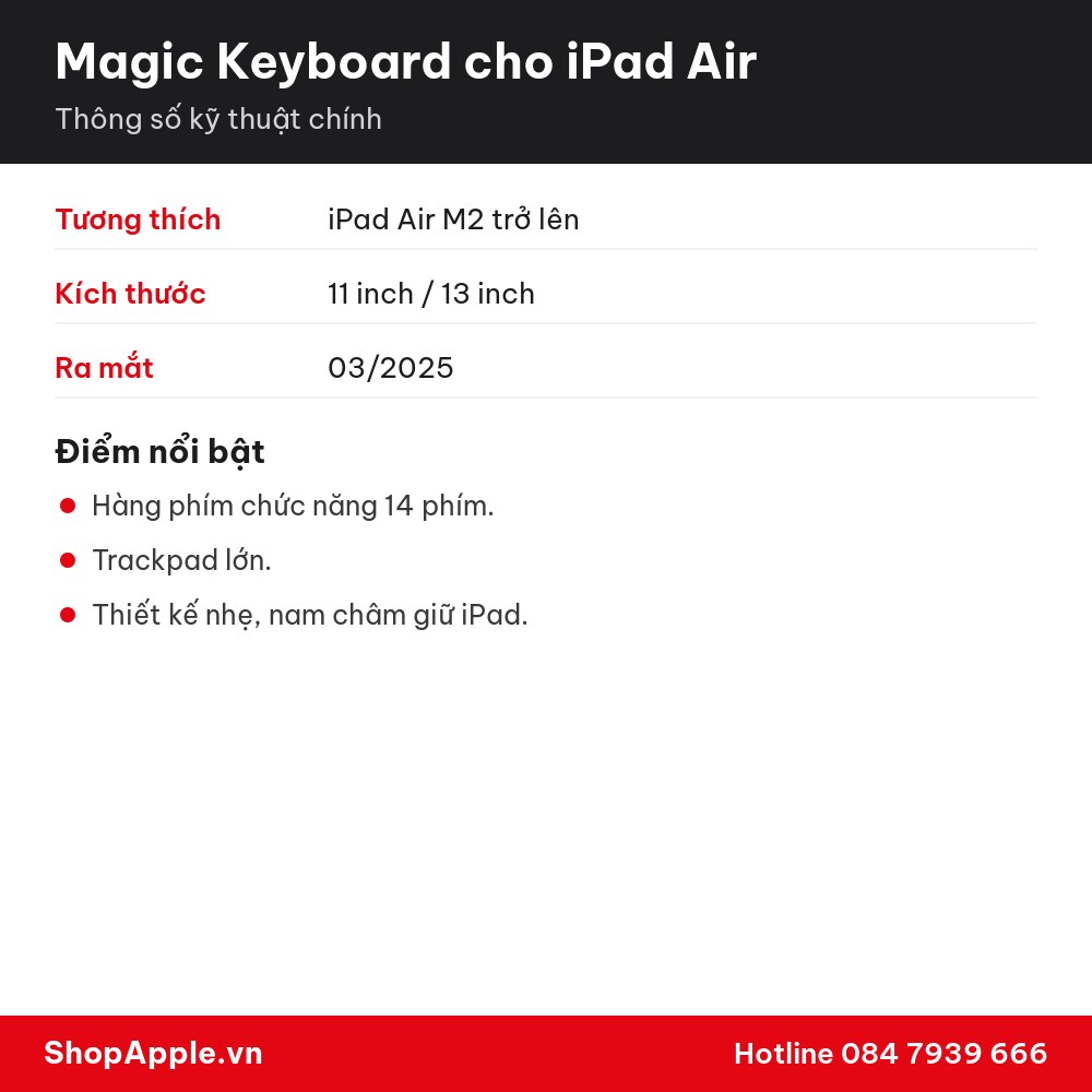 Thông số kỹ thuật Magic Keyboard cho iPad Air - Chính Hãng