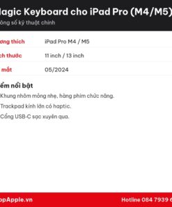 Thông số kỹ thuật Magic Keyboard cho iPad Pro (M4/M5) - Chính Hãng