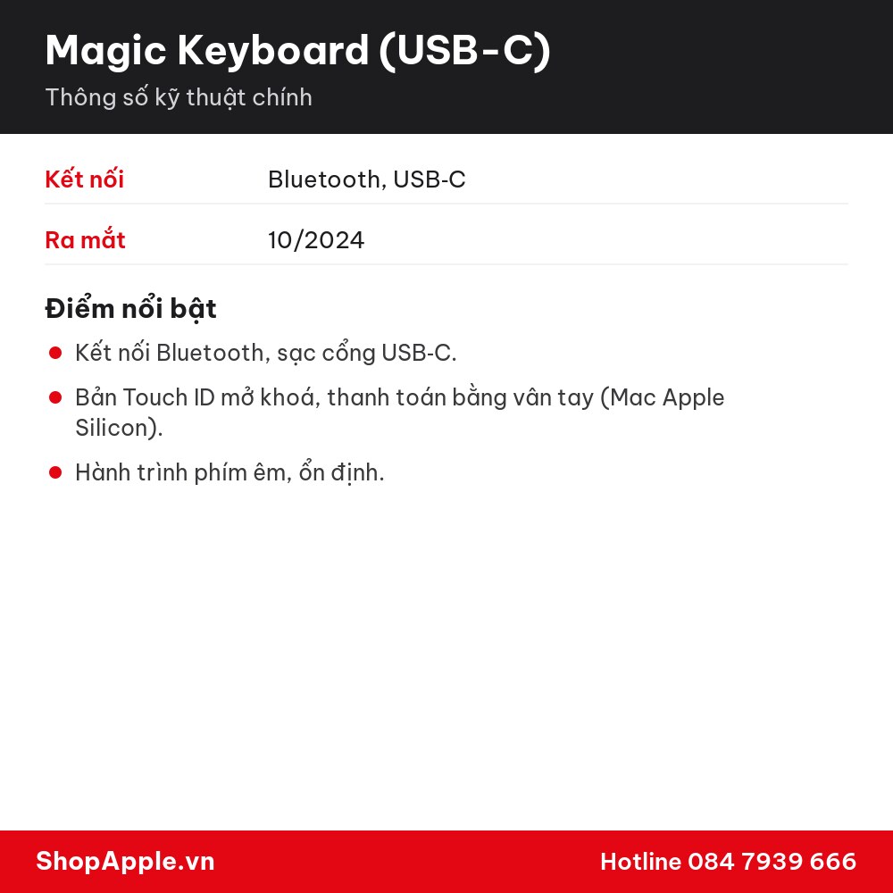 Thông số kỹ thuật Magic Keyboard (USB-C) - Chính Hãng