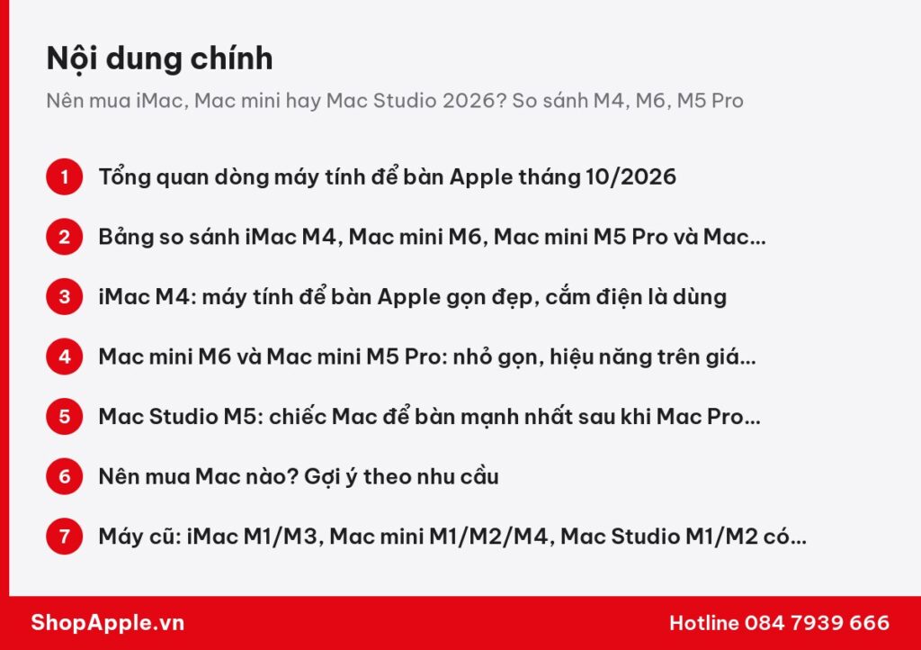 Tóm tắt nội dung: Nên mua iMac, Mac mini hay Mac Studio 2026? So sánh M4, M6, M5 Pro