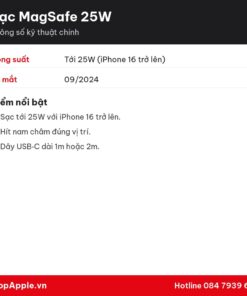 Thông số kỹ thuật Sạc MagSafe 25W - Chính Hãng Apple