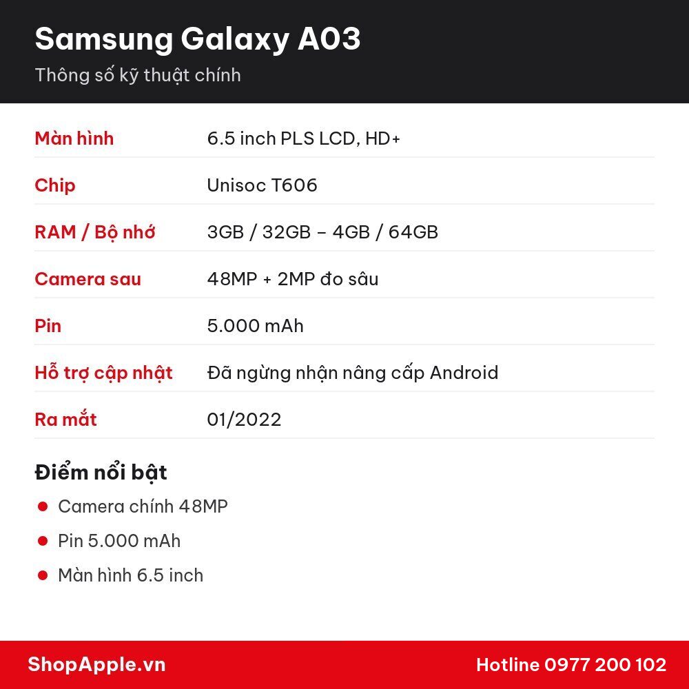 Thông số kỹ thuật Samsung Galaxy A03