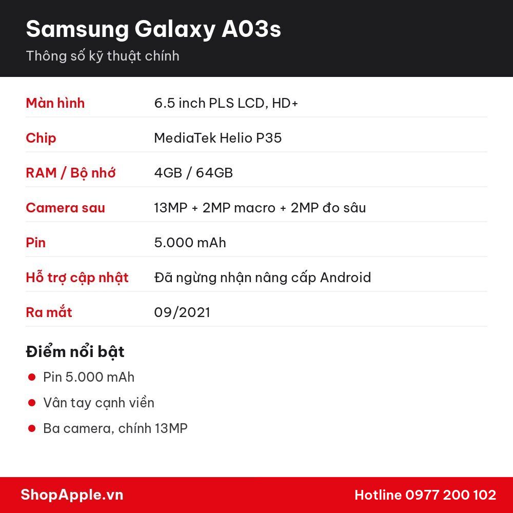 Thông số kỹ thuật Samsung Galaxy A03s