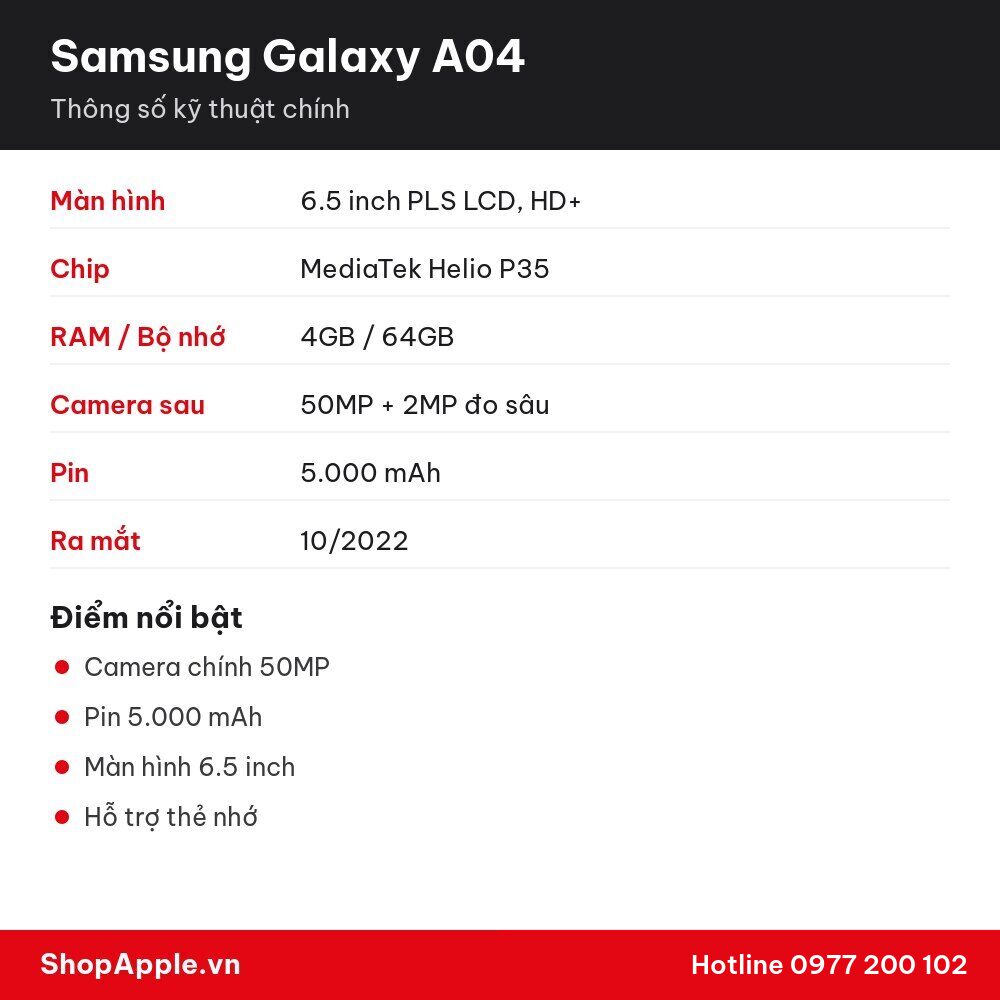 Thông số kỹ thuật Samsung Galaxy A04