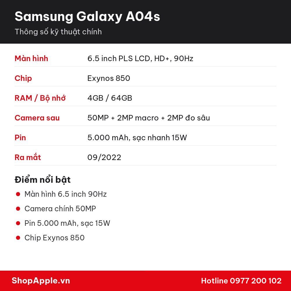 Thông số kỹ thuật Samsung Galaxy A04s