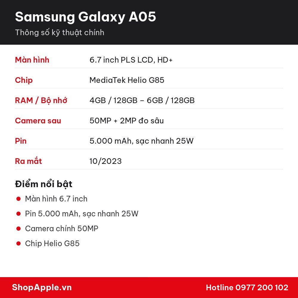 Thông số kỹ thuật Samsung Galaxy A05