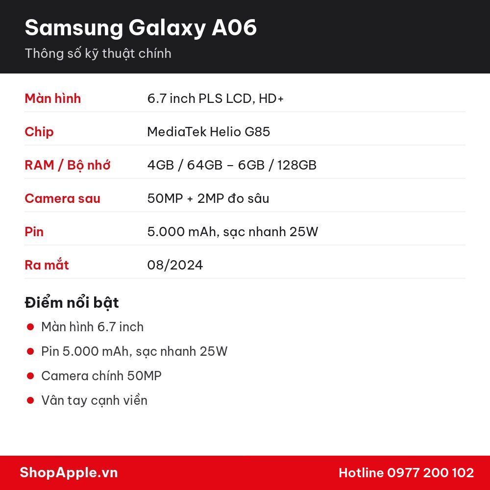 Thông số kỹ thuật Samsung Galaxy A06