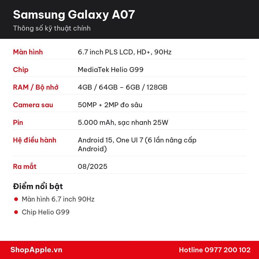 Thông số kỹ thuật Samsung Galaxy A07