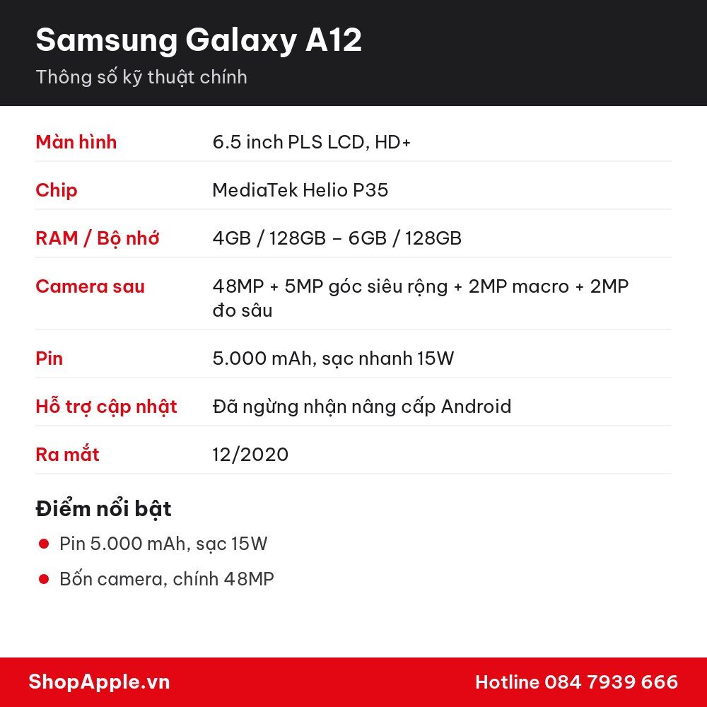 Thông số kỹ thuật Samsung Galaxy A12