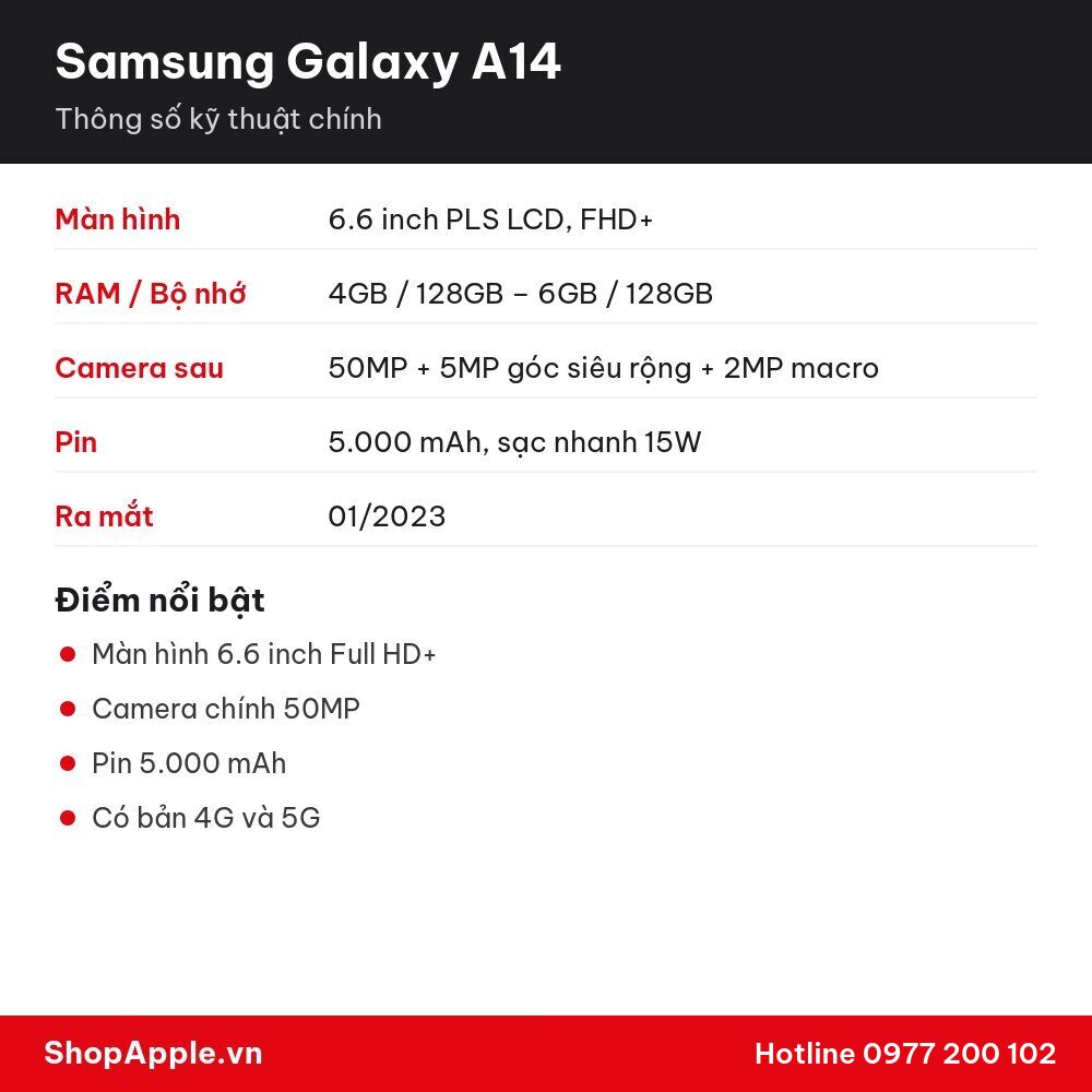 Thông số kỹ thuật Samsung Galaxy A14