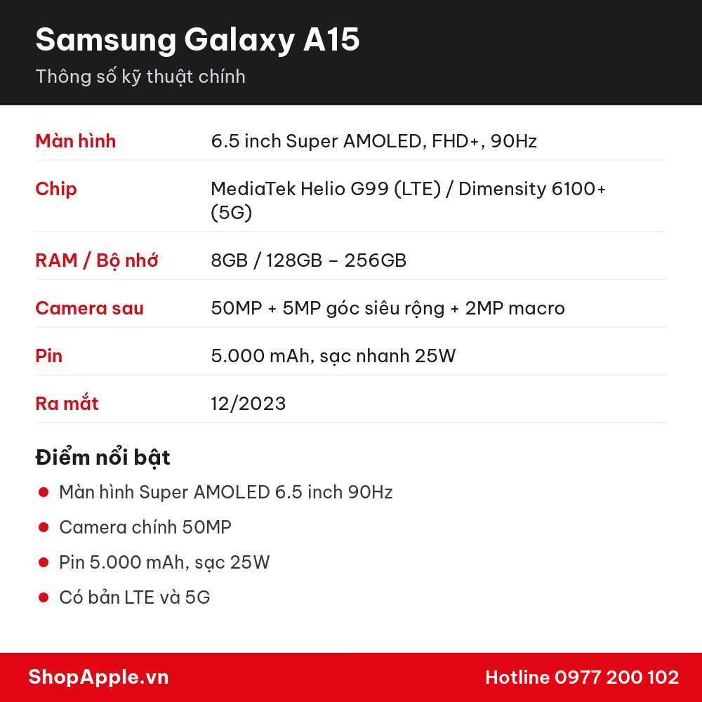 Thông số kỹ thuật Samsung Galaxy A15