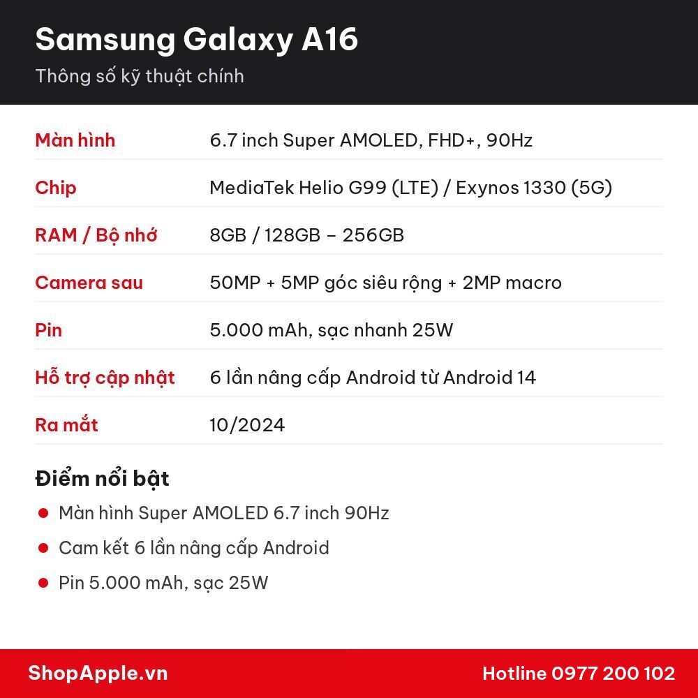 Thông số kỹ thuật Samsung Galaxy A16