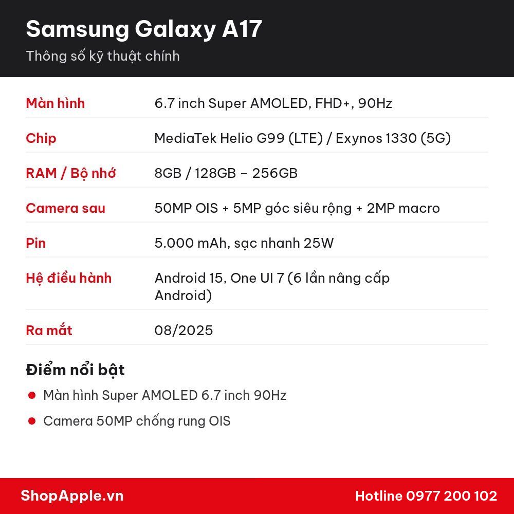 Thông số kỹ thuật Samsung Galaxy A17