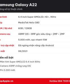 Thông số kỹ thuật Samsung Galaxy A22