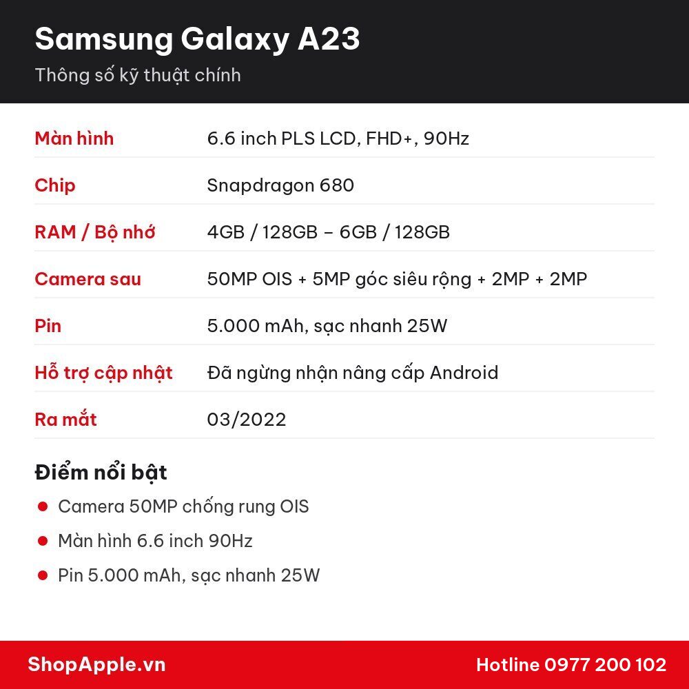 Thông số kỹ thuật Samsung Galaxy A23