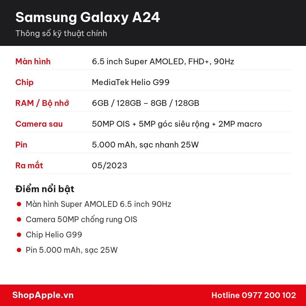 Thông số kỹ thuật Samsung Galaxy A24