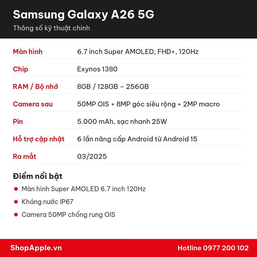 Thông số kỹ thuật Samsung Galaxy A26 5G