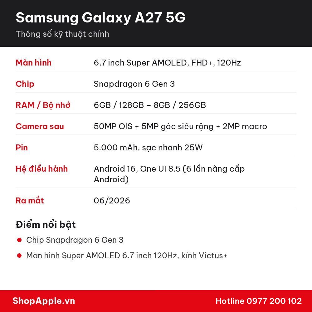 Thông số kỹ thuật Samsung Galaxy A27 5G
