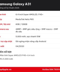 Thông số kỹ thuật Samsung Galaxy A31