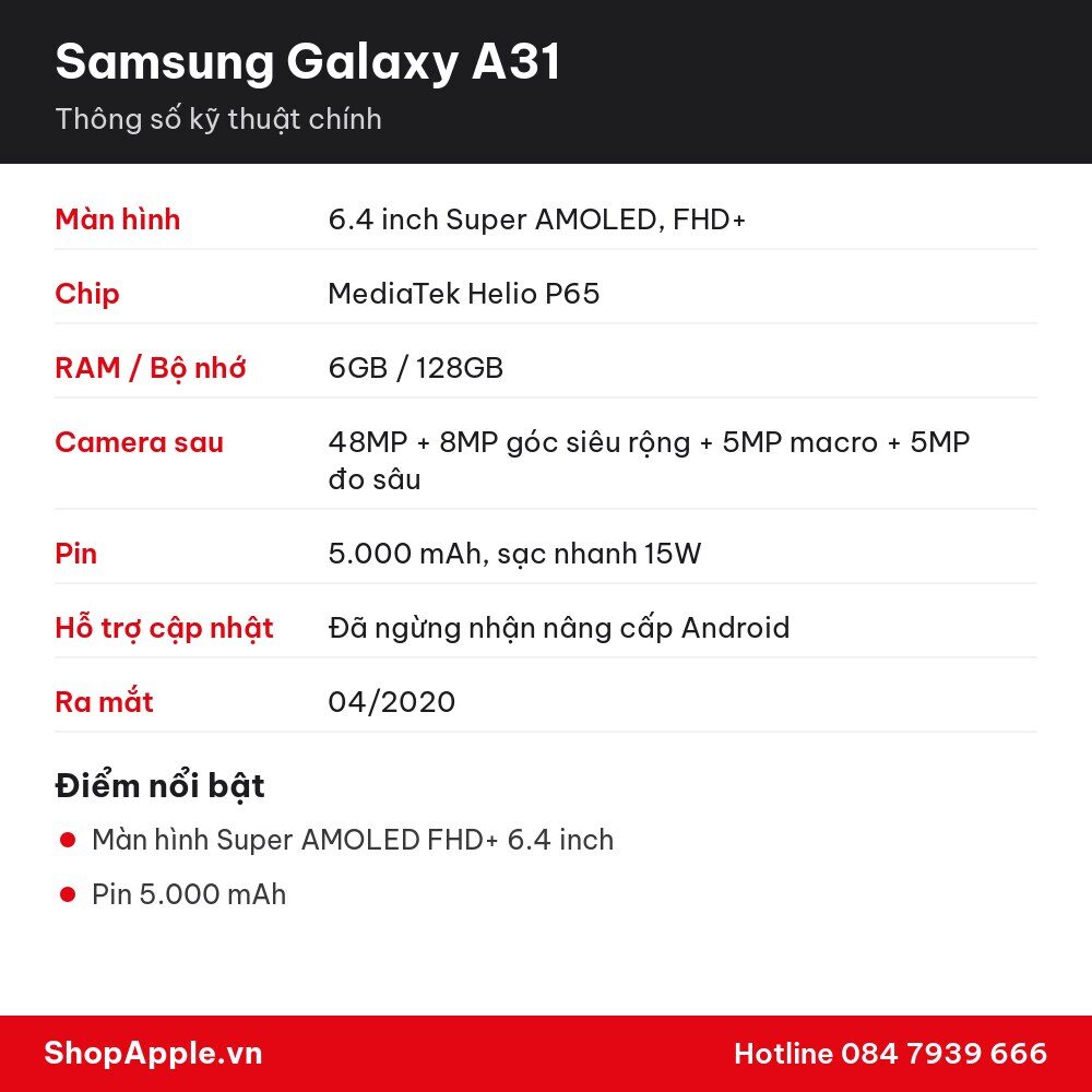 Thông số kỹ thuật Samsung Galaxy A31