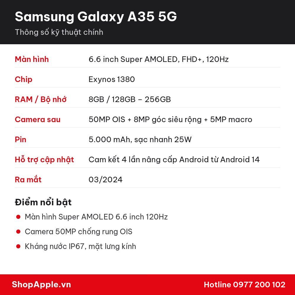 Thông số kỹ thuật Samsung Galaxy A35 5G
