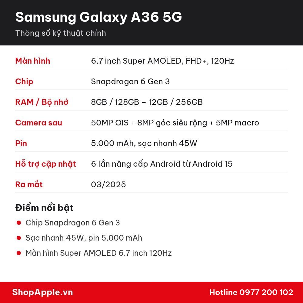 Thông số kỹ thuật Samsung Galaxy A36 5G