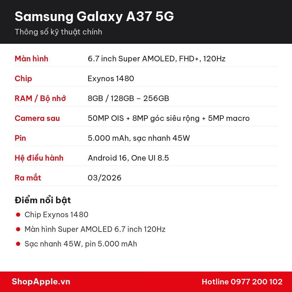 Thông số kỹ thuật Samsung Galaxy A37 5G