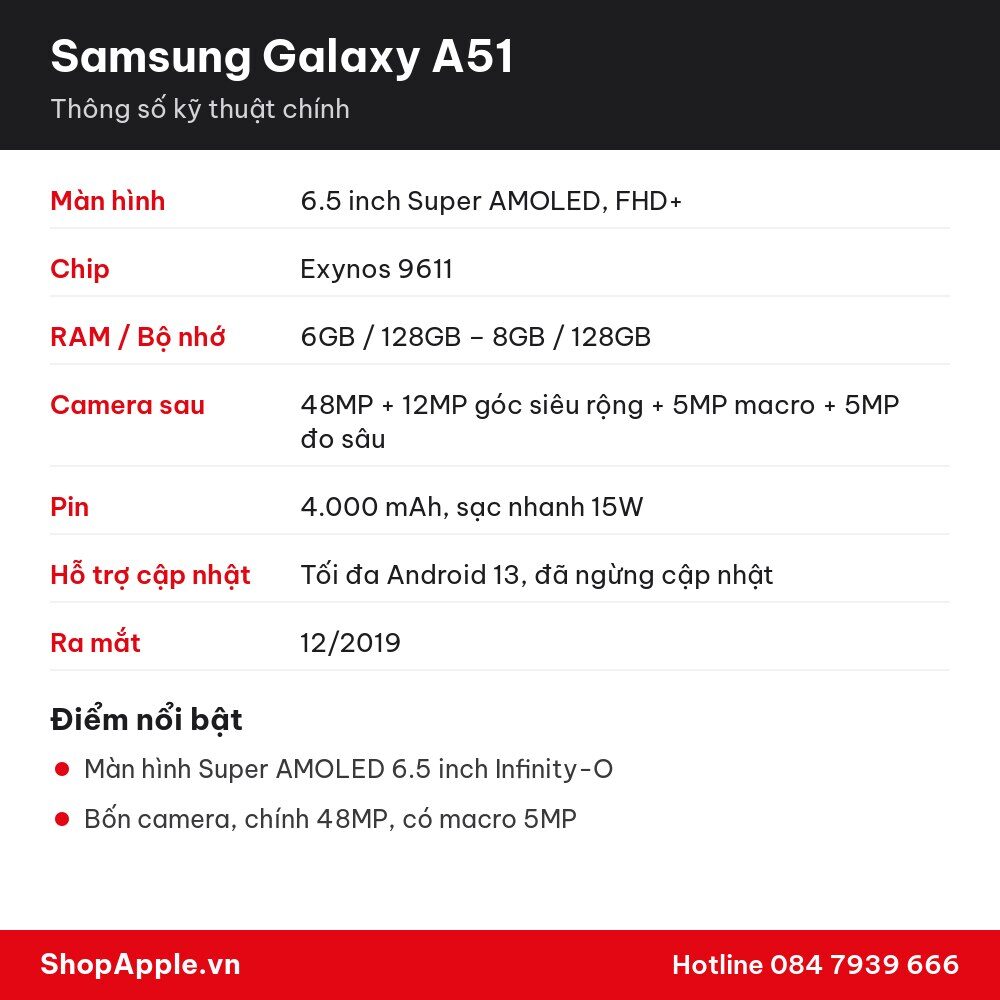 Thông số kỹ thuật Samsung Galaxy A51