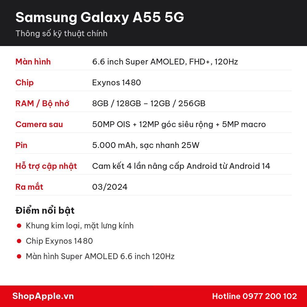 Thông số kỹ thuật Samsung Galaxy A55 5G