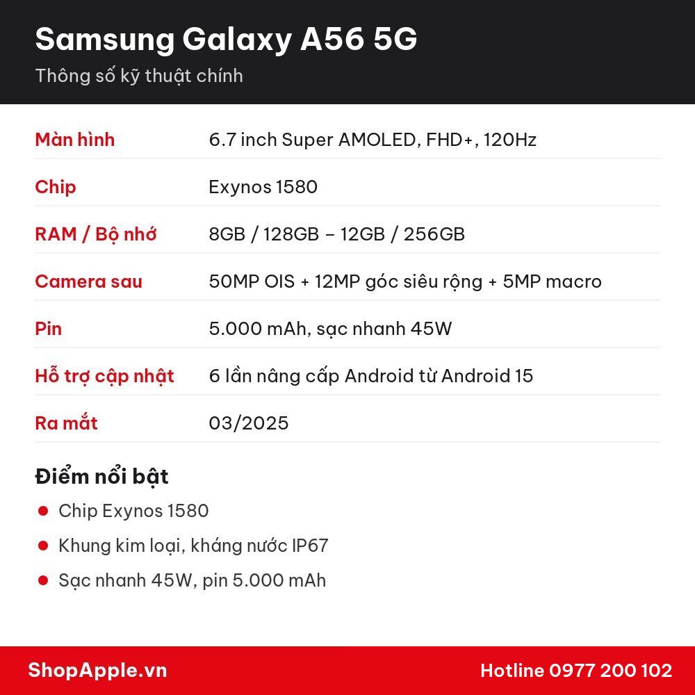Thông số kỹ thuật Samsung Galaxy A56 5G