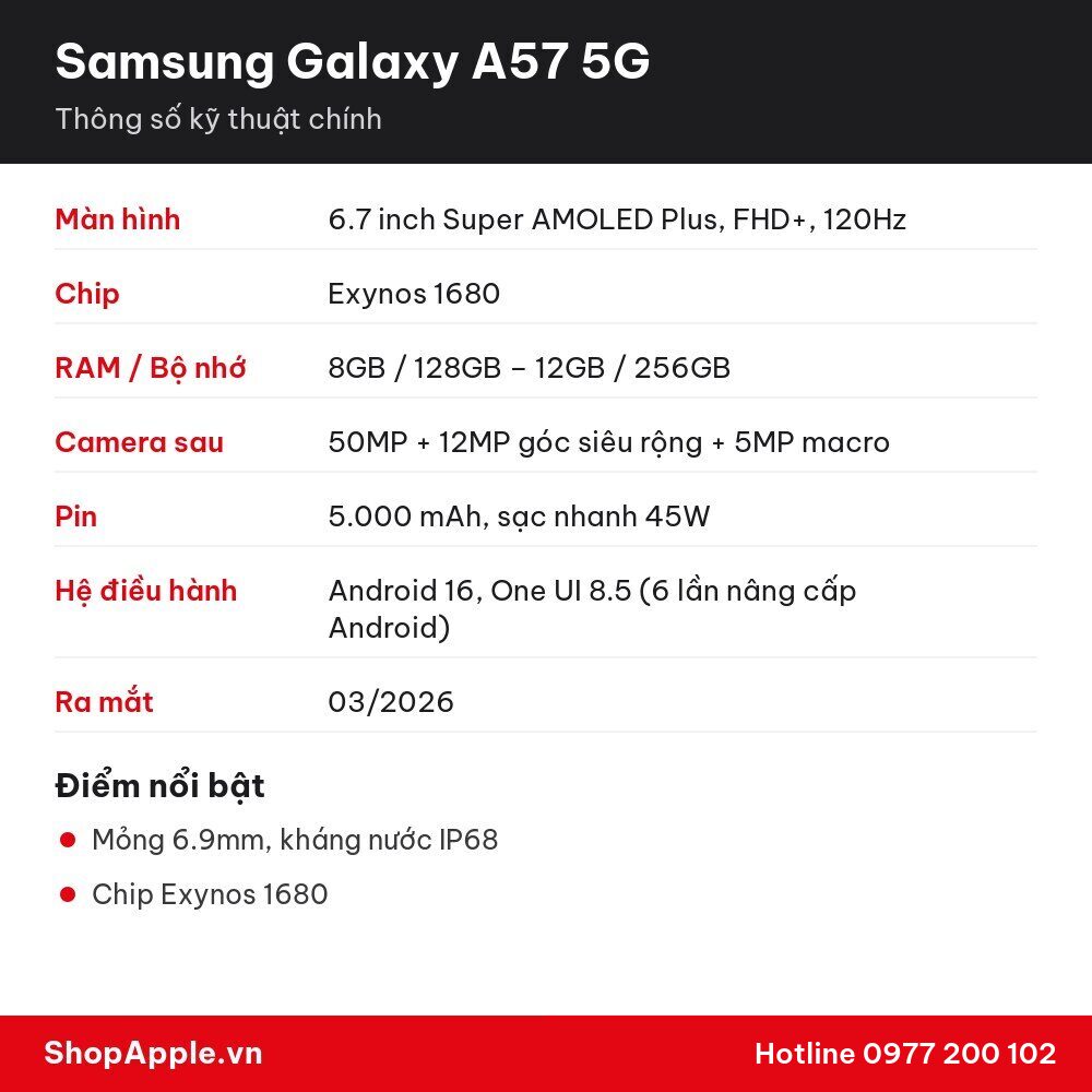 Thông số kỹ thuật Samsung Galaxy A57 5G