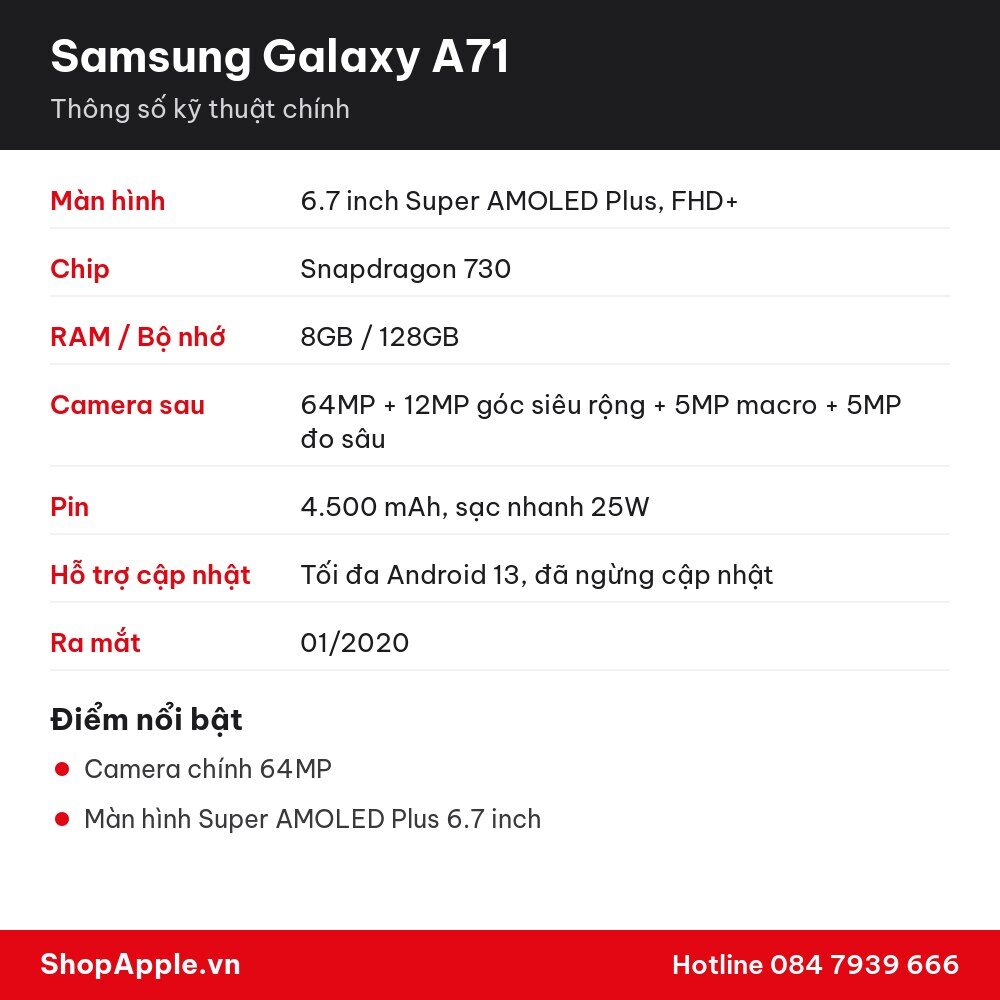 Thông số kỹ thuật Samsung Galaxy A71
