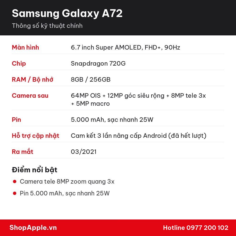 Thông số kỹ thuật Samsung Galaxy A72