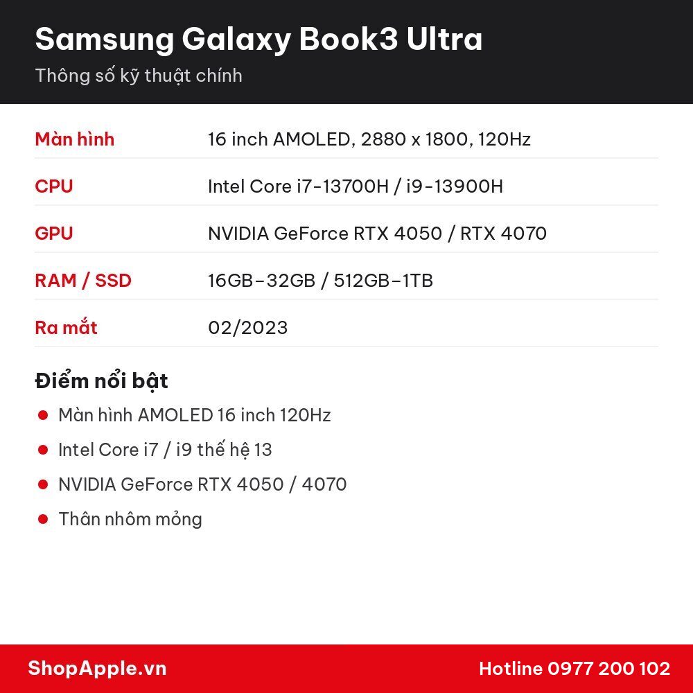 Thông số kỹ thuật Samsung Galaxy Book3 Ultra