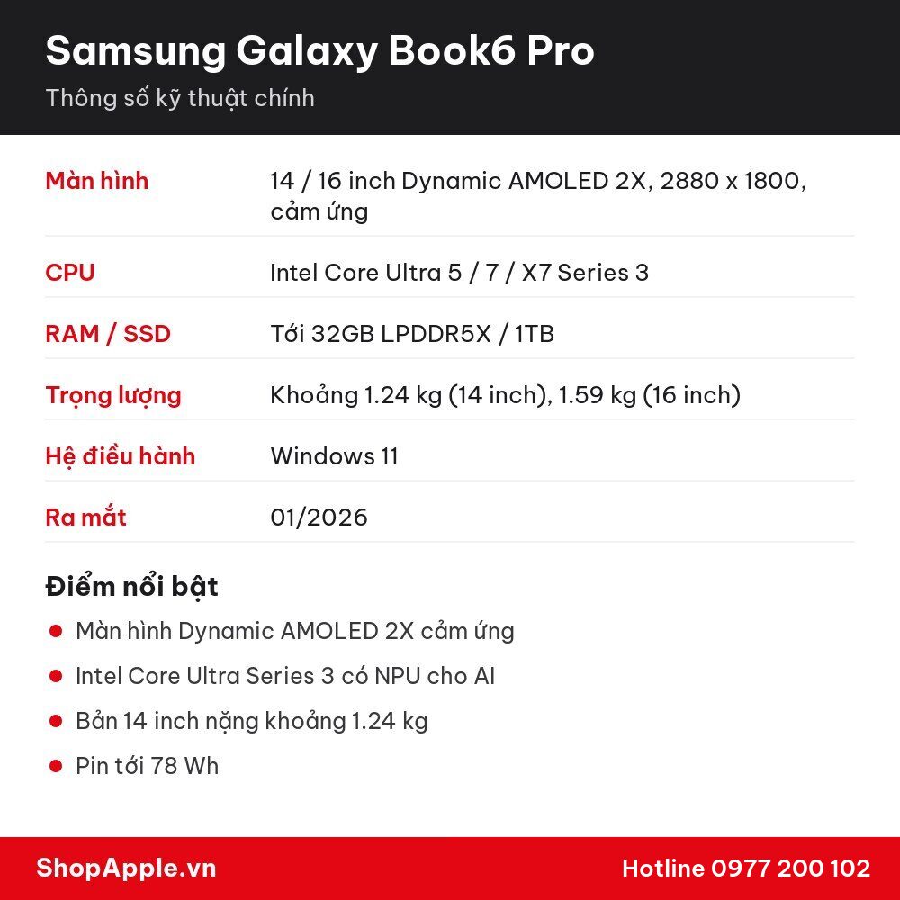 Thông số kỹ thuật Samsung Galaxy Book6 Pro