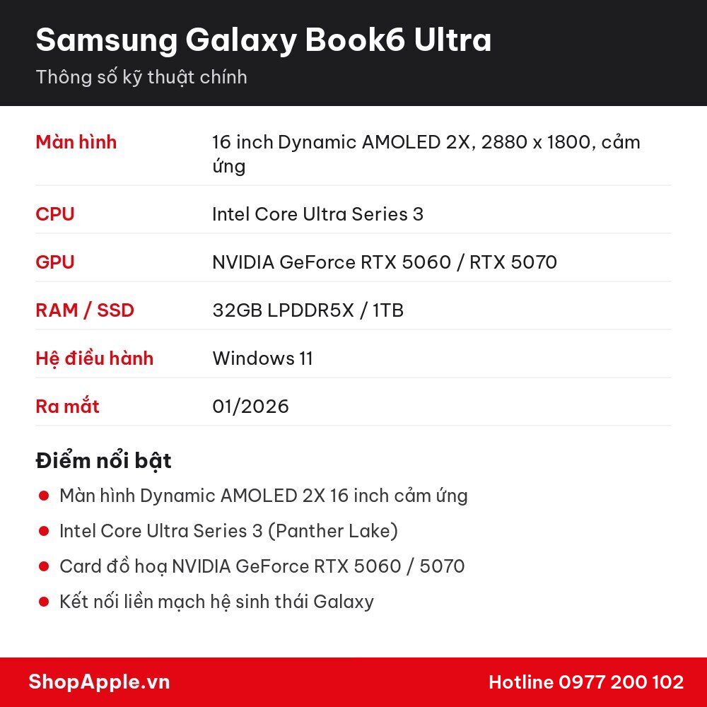 Thông số kỹ thuật Samsung Galaxy Book6 Ultra