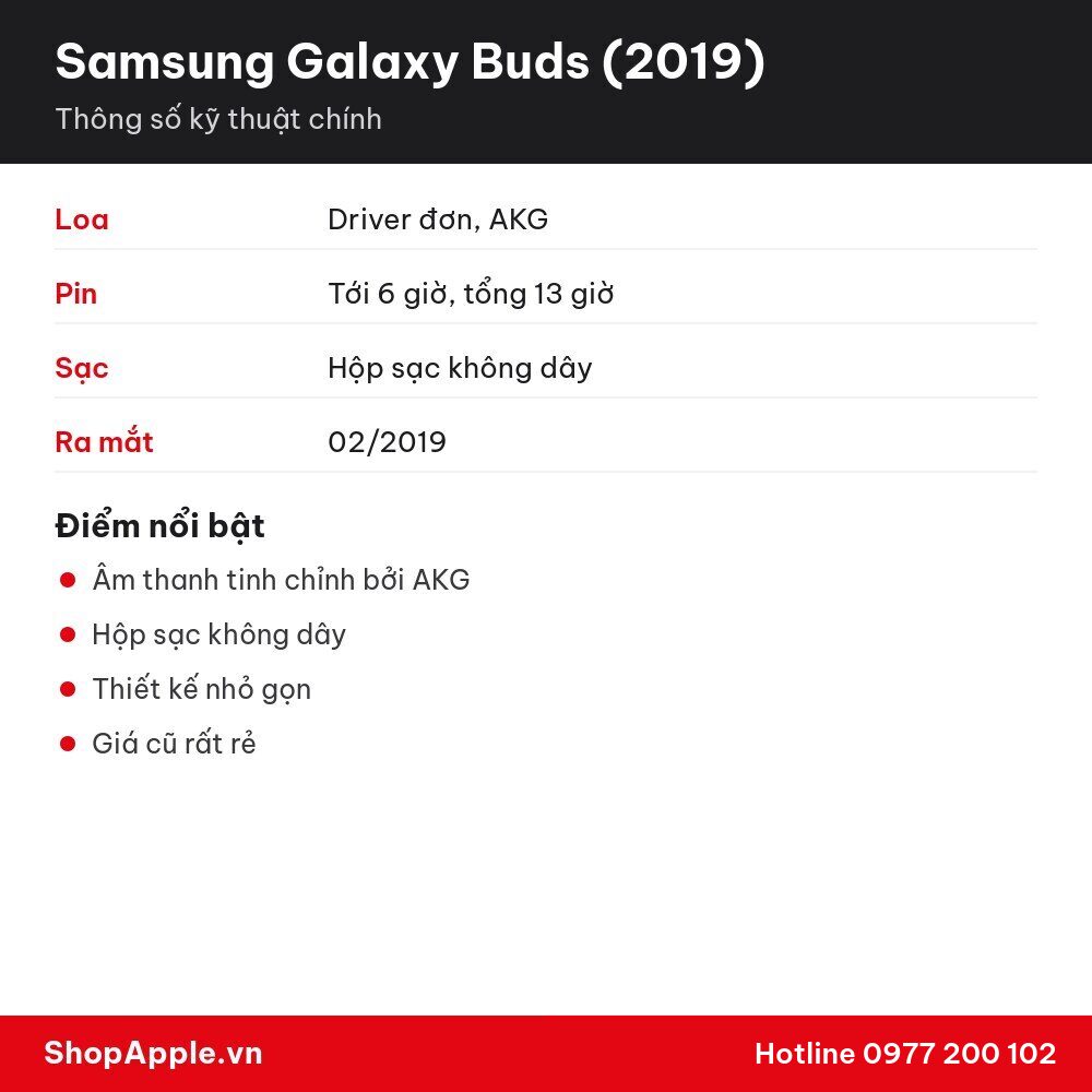 Thông số kỹ thuật Samsung Galaxy Buds (2019)