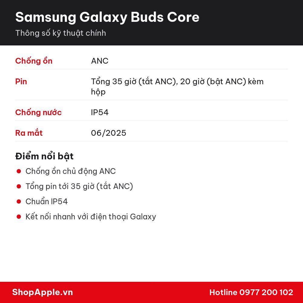 Thông số kỹ thuật Samsung Galaxy Buds Core