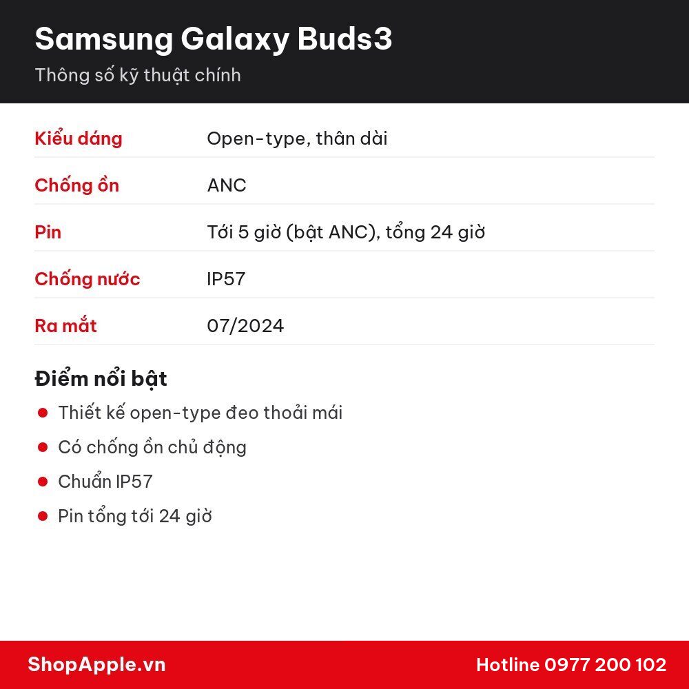 Thông số kỹ thuật Samsung Galaxy Buds3