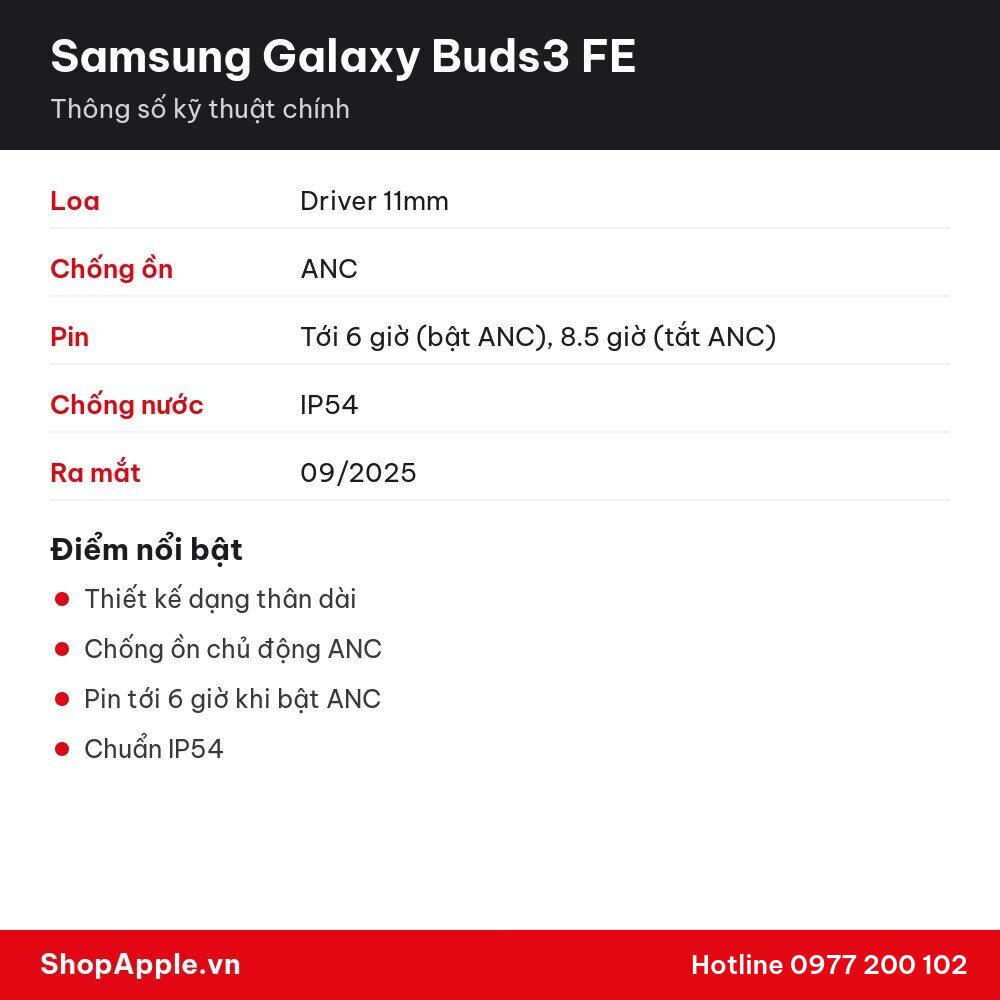 Thông số kỹ thuật Samsung Galaxy Buds3 FE