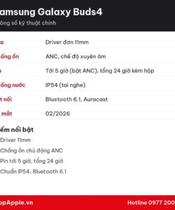 Thông số kỹ thuật Samsung Galaxy Buds4