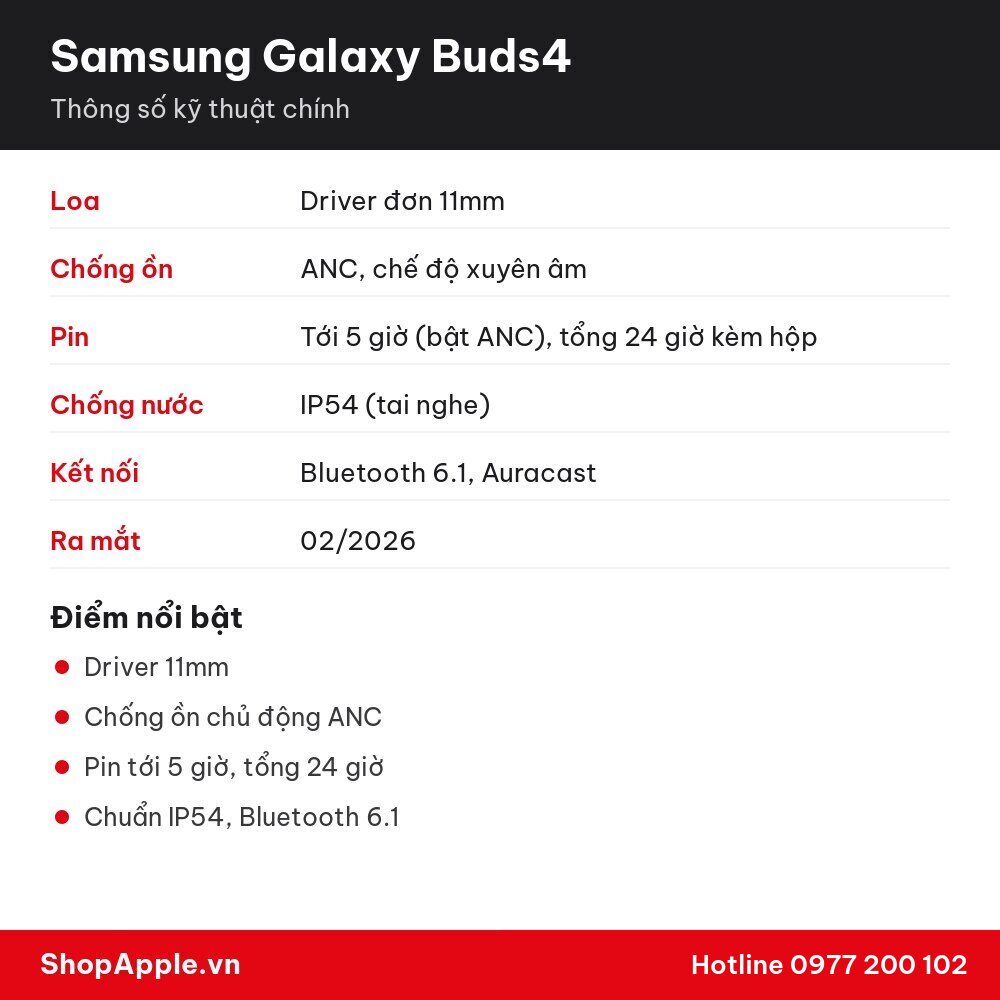 Thông số kỹ thuật Samsung Galaxy Buds4