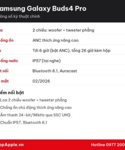 Thông số kỹ thuật Samsung Galaxy Buds4 Pro