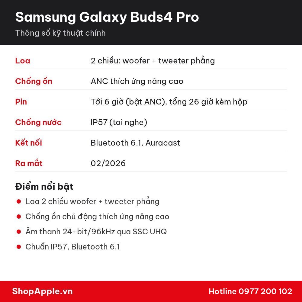 Thông số kỹ thuật Samsung Galaxy Buds4 Pro