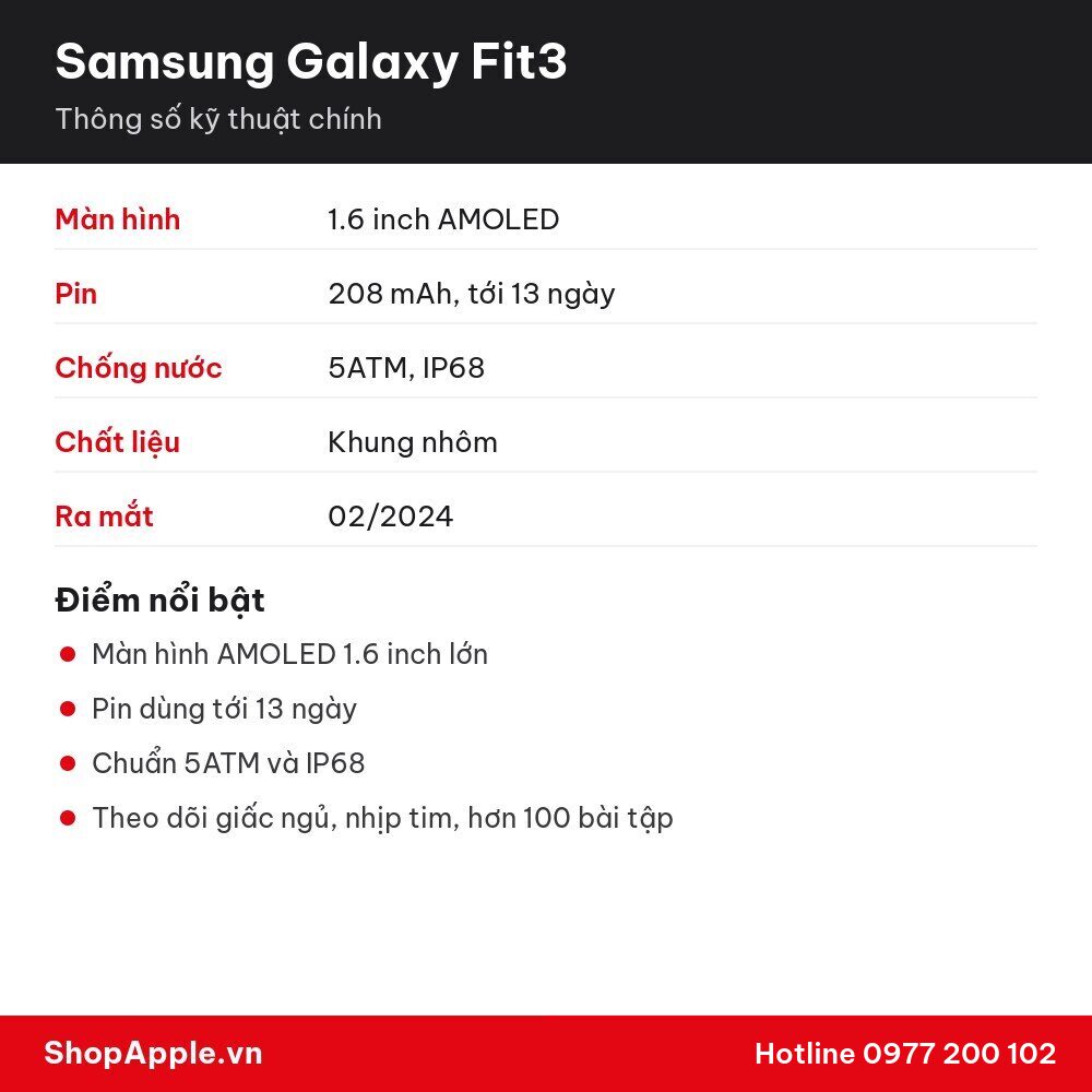 Thông số kỹ thuật Samsung Galaxy Fit3